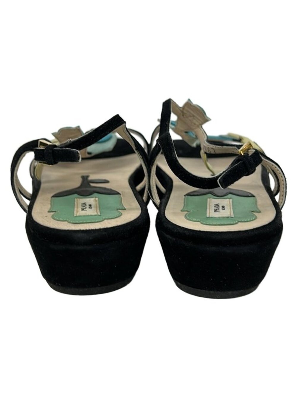 ★SOLD★ Prada Sandals 37.5 Black Blue Yellow Flower - Picture 3 of 7